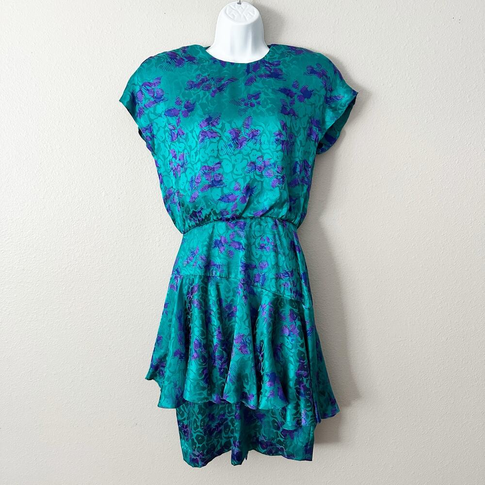 Vintage‎ Lillie Rubin 100% Silk Satin Teal Purple 80s Dress Women's Size 4